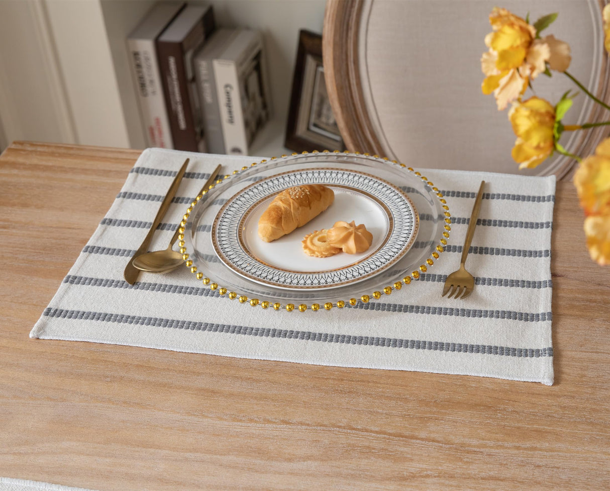 Caflife Boho Farmhouse Placemats Set of 6, Grey Stripes Cotton Linen Woven Table Mats for Modern Dining Table, 13x19 Inch Rustic Kitchen Decor Place Mats Caflife