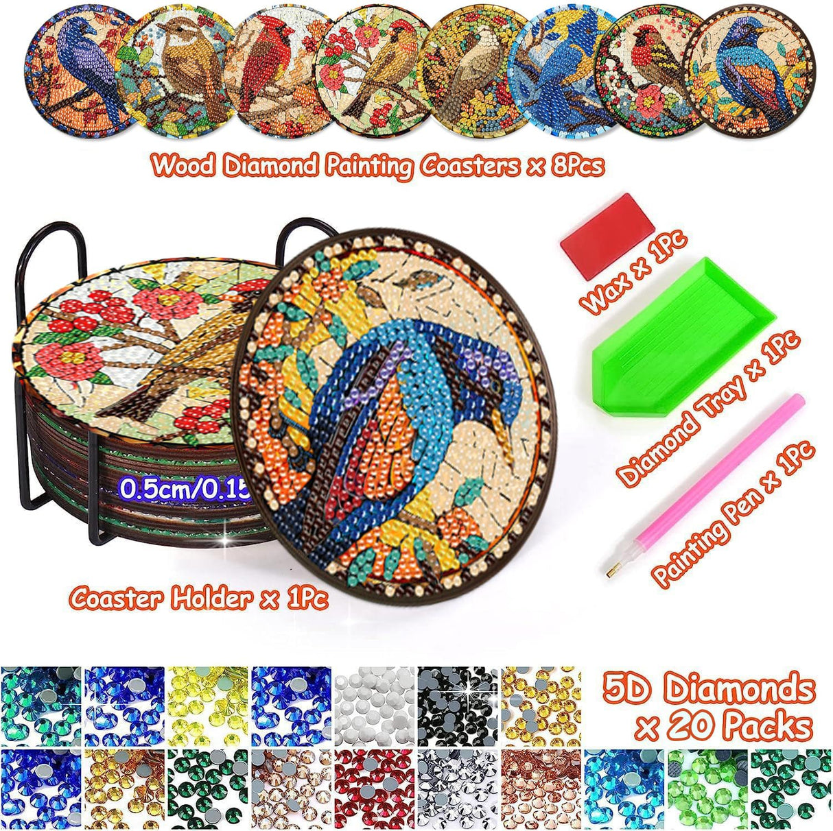 Birds Diamond Art Coasters Kit for Adults, 8 Pcs Diamond Painting Coasters Kit with Holder, DIY Non Slip Art Supplies 4x4in Axquilon