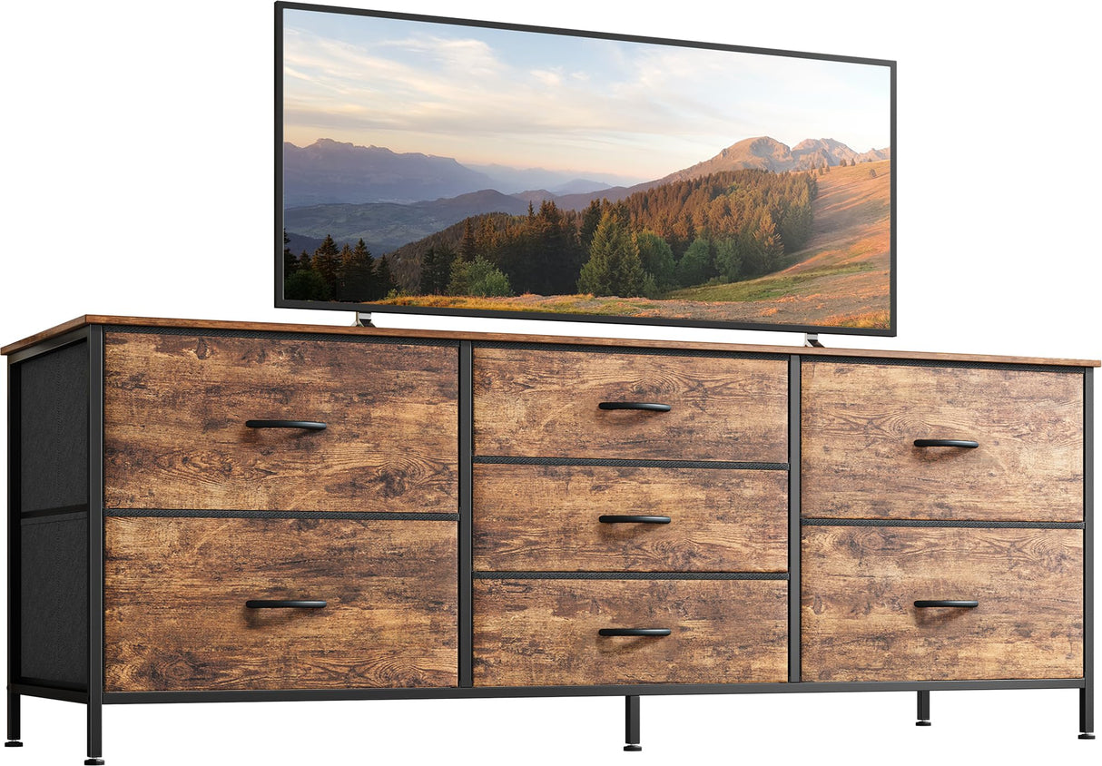 Huuger Dresser for Bedroom, 55 Inch TV Stand for 43, 55, 60 Inch TV, Long Fabric Dresser with 7 Drawers, Chest of Drawers for Storage, Closet, Clothing, Rustic Brown Huuger