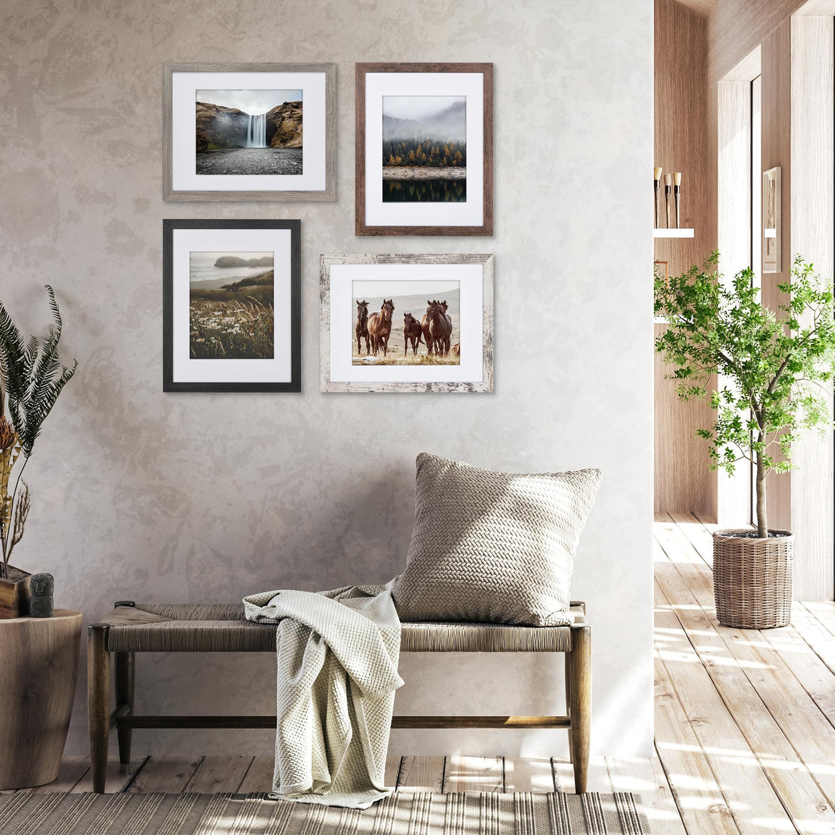 Americanflat Rustic Lodge 11x14 Picture Frame Set of 4 - Use as 8x10 Picture Frame with Mat or 11x14 Frame Without Mat - Textured Engineered Wood Photo Frame with Hanging Hardware for Wall Decor Americanflat