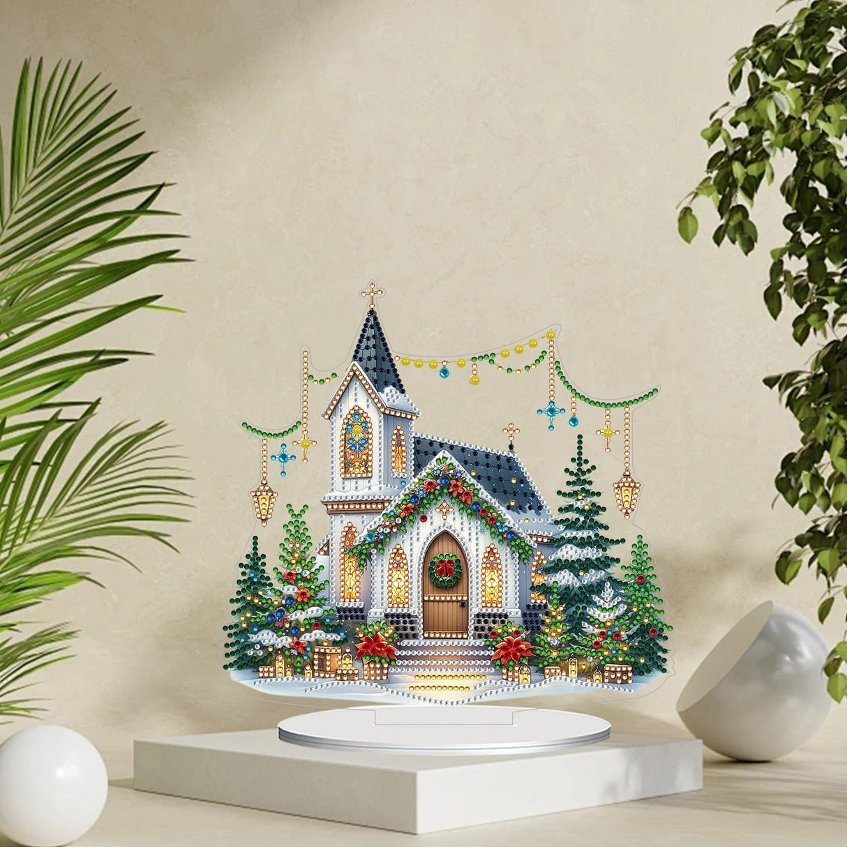 JJFox DIY Tabletop Diamond Art Painting Kit,Special Shaped Rhinestone Desk Placement Ornament,Home Stand Up Gem Painting Craft Kit,Gift,Double Sided. (Christmas House-2) JJFox