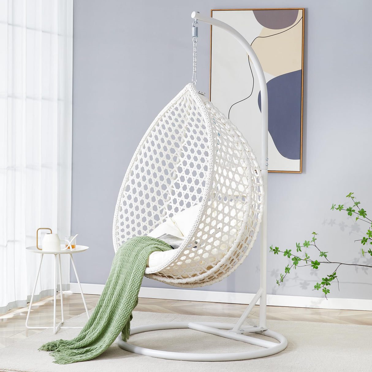 Egg Chair Indoor, Hanging Egg Chair with Stand, Rattan Wicker Swing Chair with Cushions, Swinging Chair for Bedroom Outdoor Patio Balcony Backyard Heavy Duty 350LBS,White Deolme