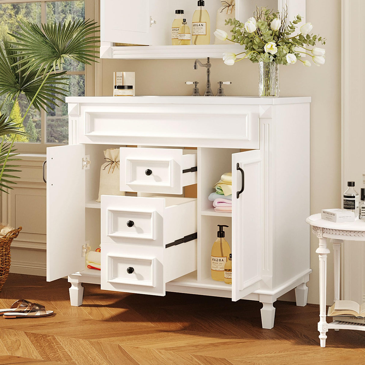 Merax 36" Bathroom Vanities with Single Sink, Modern Undermount Bathroom Sink Cabinet with 3 Closing Doors & 2 Full Extension Dovetail Drawers Merax