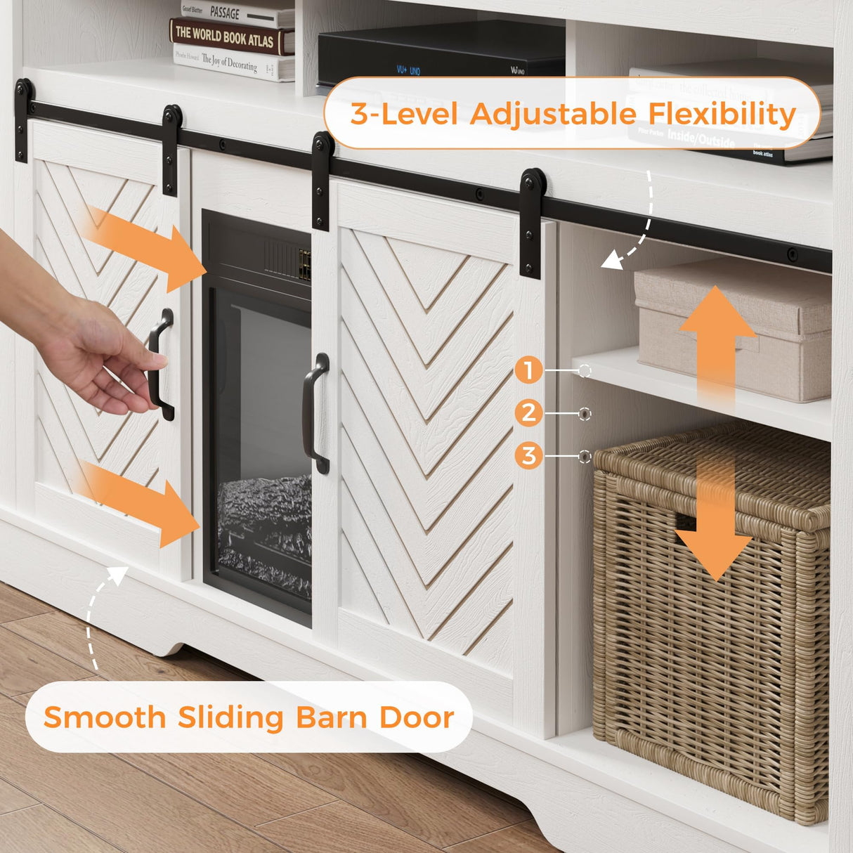 RoyalCraft Farmhouse TV Stand for 23" Electric Fireplace, Tall Entertainment Center for 65+ Inch TV, 34" Tall Rustic TV Console with Sliding Bar Door for Living Room (Wood-Tone and White) RoyalCraft