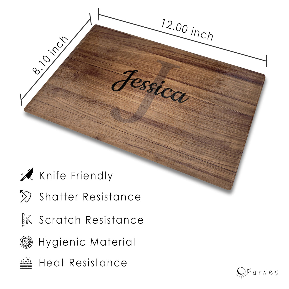 Glass Cutting Board for Countertop, Wooden Effect Cutting Board, Shatter Resistant, Dishwasher Safe, Custom and Decorative Kitchen Essential for Fardes