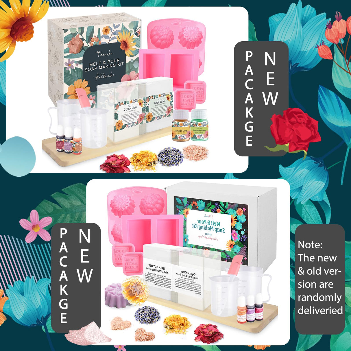 Handmade Soap Making Kit Supplies, DIY Melt & Pour Soap Making Kit for Adults: Includes 2lbs Soap Base, Dried Flowers, Pigment, Silicon Mold, Measuring Cup, Personalized Handmade Soap Set Gift Tassika