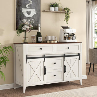 GlouMod Farmhouse Buffet Cabinet with Storage, 47" Sideboard Cabinet with Shelves and Sliding Barn Door, Neoclassical White Dresser for Bedroom, Coffee Bar Buffet for Kitchen, Living Room