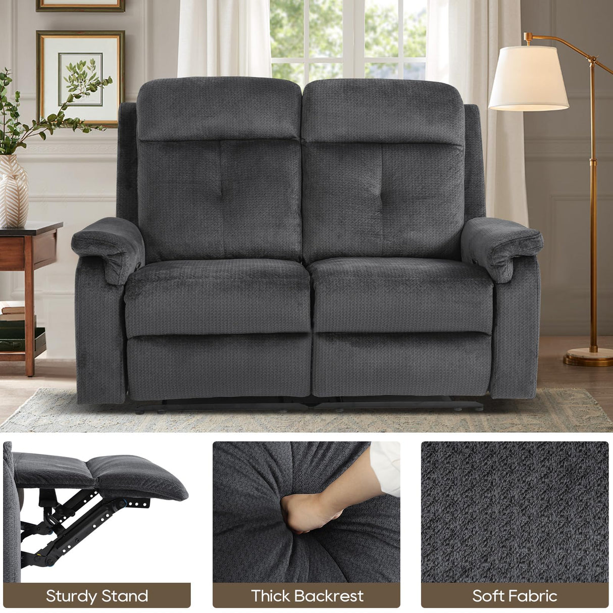 PALLOME Loveseat Recliner, Velvet Reclining Sofa, 54'' Double Recliner Loveseat with Heat and Massage, RV Theater Seating, Manual Recliner Chair for Living Room (Velvet, Grey) PALLOME