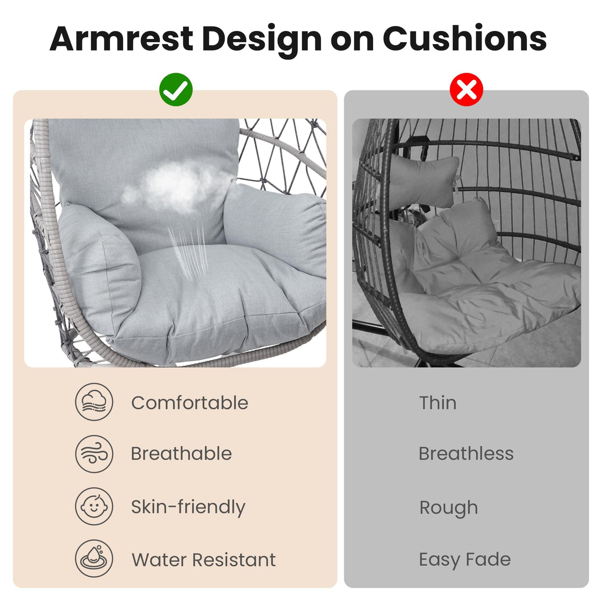 FansaFurn Hanging Egg Chair, Swing Chair with Stand, Hammock Chair IndoorPatio Boho Wicker 350lbs Capacity, Swing Chair for Bedroom Garden, Balcony, Beige &Gray FansaFurn