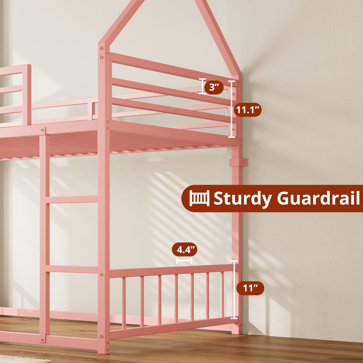 LIKIMIO Bunk Bed Twin Over Twin, House Bunk Bed Frame with Ladder and Guardrail, House Shaped with Metal Slats for Dormitory and Bedroom, Space Saving, No Box Spring Needed, Pink LIKIMIO