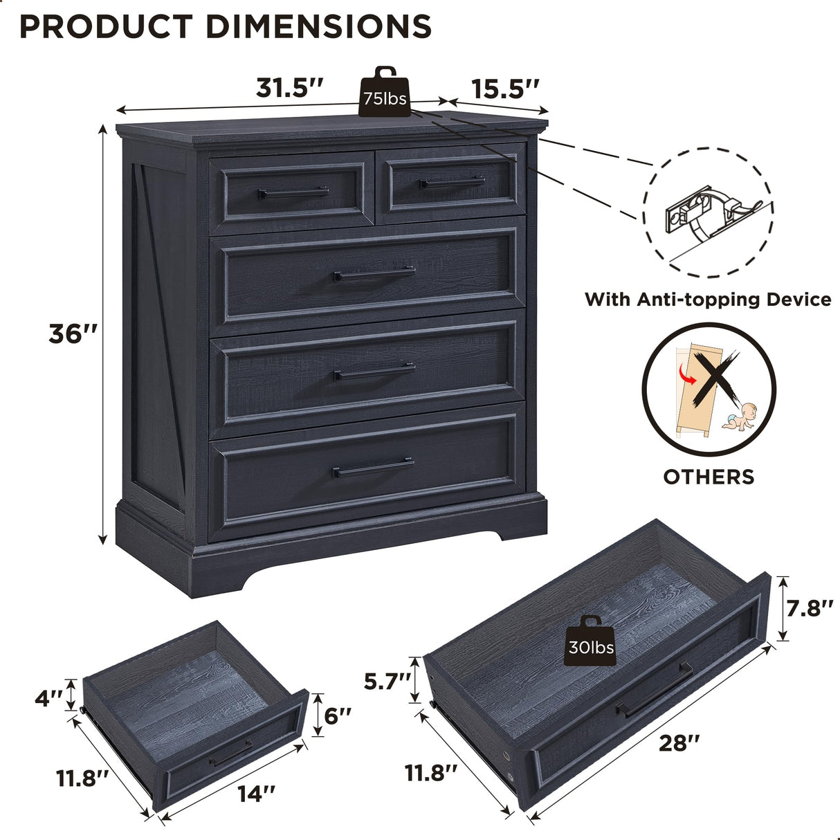 ACCOHOHO Farmhouse 5 Drawer Dresser for Bedroom, 36 Inch Tall Modern Chest of Drawers, Rustic Wood Storgae Organizer with Large Drawers & Bar Handles for Bedroom, Living Room, Hallway, Black ACCOHOHO