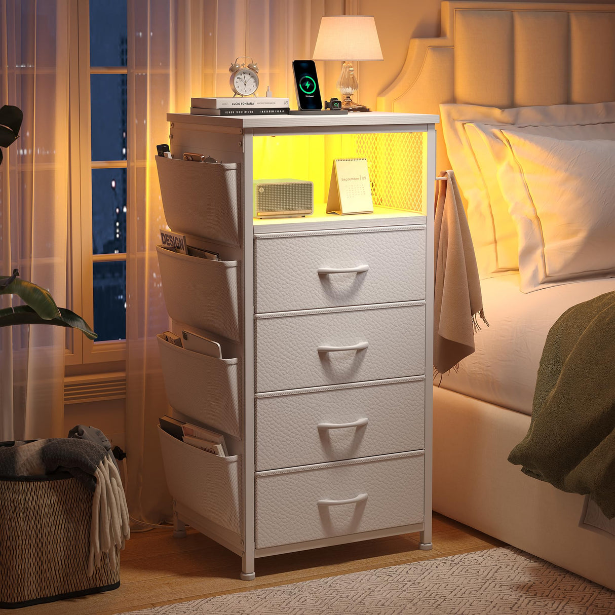 Enhomee Nightstands Set of 2 Nightstand with Charging Station & LED Lights Tall Nightstand with Cloth Bags & Hooks Modern Night Stand with Dresser Drawers and Storage Shelves White Nightstand Set of 2 EnHomee