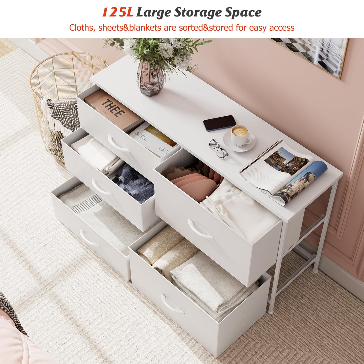 Nicehill White Dresser for Bedroom with 5 Drawers, Small Dresser for Kids' Bedroom, Closet, Wide Chest of Drawers with Storage Drawers, Wooden Top, Steel Frame, Modern, White Nicehill