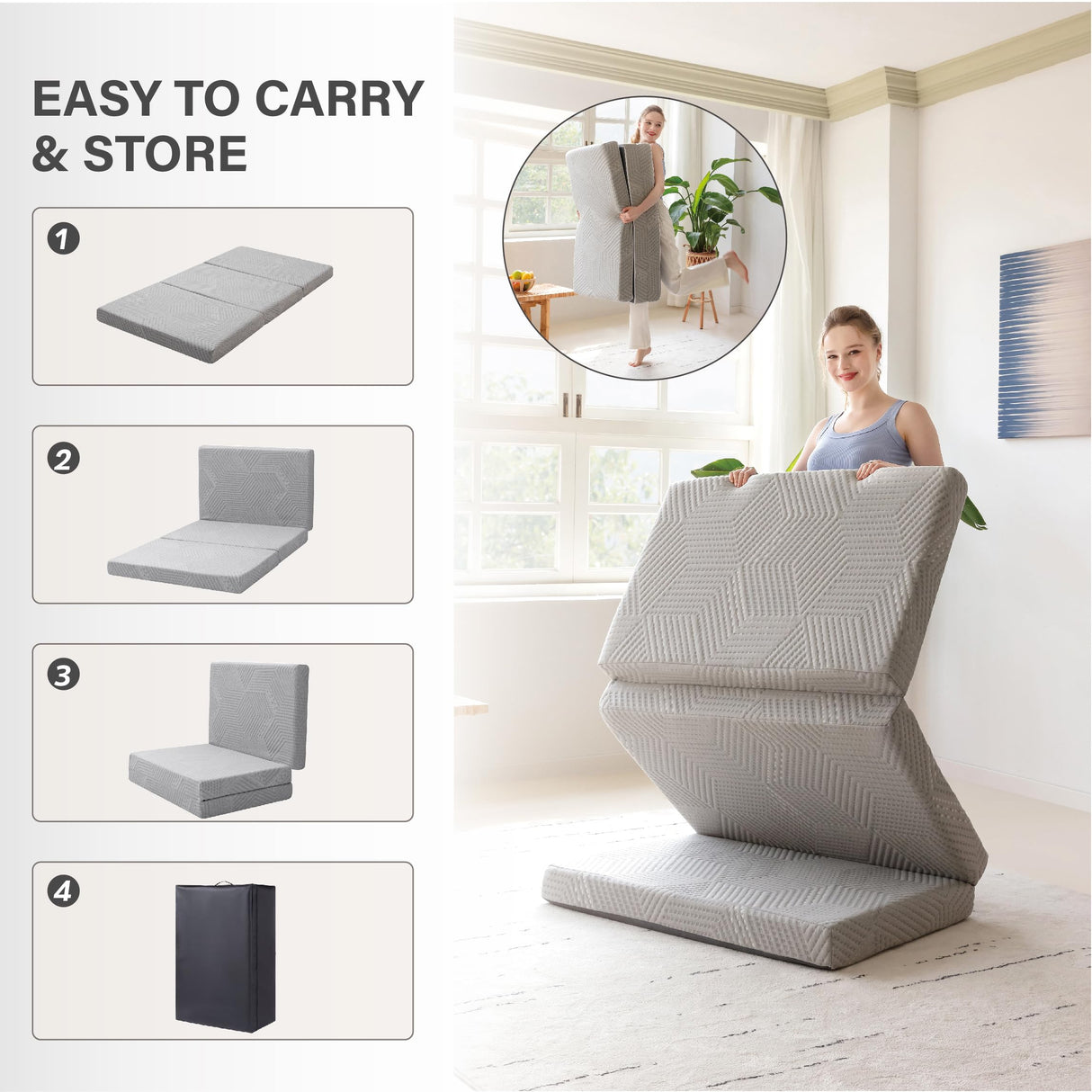 Tri-Fold Memory Foam Mattress, 4 inch Single Folding Mattress with Collapsible and Washable Cover, Travel and Guest Mat, 75"×25"×4", Grey MLILY