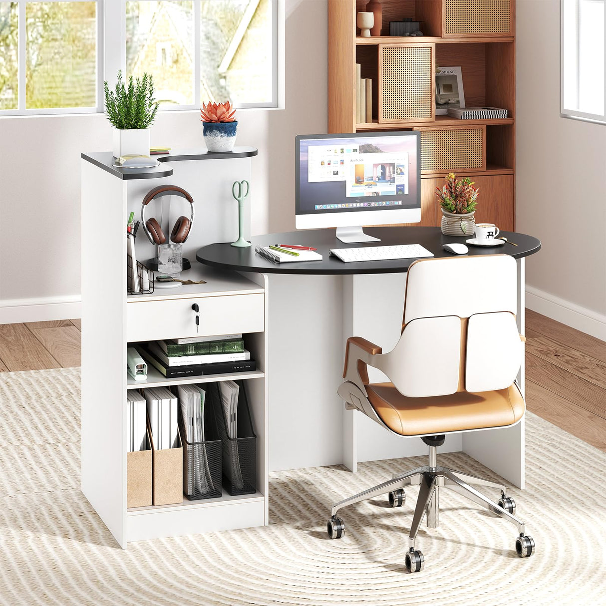 Giantex Reception Desk, Front Counter Desk with Lockable Drawer, Oval Tabletop & Adjustable Shelf, Retail Register Stand, Checkout Table for Office Beauty Salon Reception Room (Black & White) Giantex