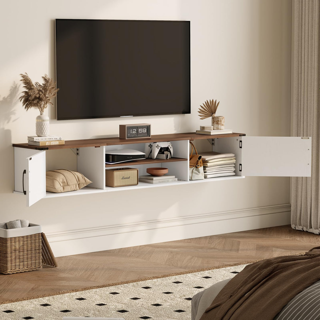 Floating TV Stand with Doors, 63'' Farmhouse Floating TV Shelf for TVs up to 80 Inch, 2 Tier Wall Mounted TV Stand, Floating Entertainment Center, TV Floating Cabinet for Living Room, Bedroom, White ALLSTAND