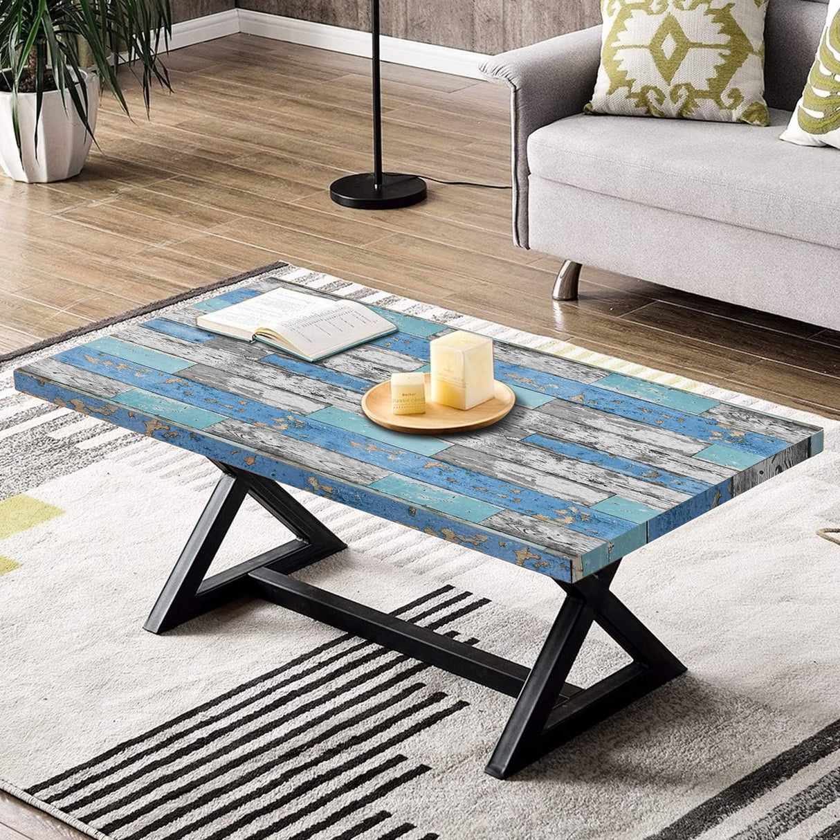 Caltero Wood Plank Wallpaper 17.7" × 236" Blue Distressed Wood Wallpaper Peel and Stick Wood Grain Contact Paper Vintage for Furniture Bedroom Countertop Cabinet Caltero