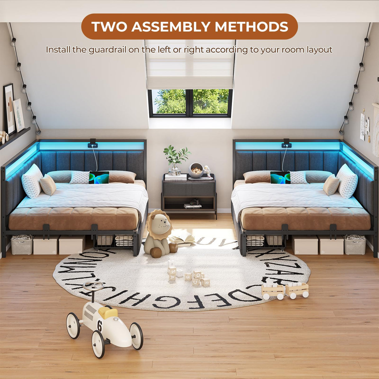 DICTAC Corner Full Bed Frame with 2 Storage Drawers and Charging Station Full Size Platform Bed Frame with Led Lights and Upholstered Guardrail Daybed for Living Room, Bedroom and Guest Room, Gray DICTAC