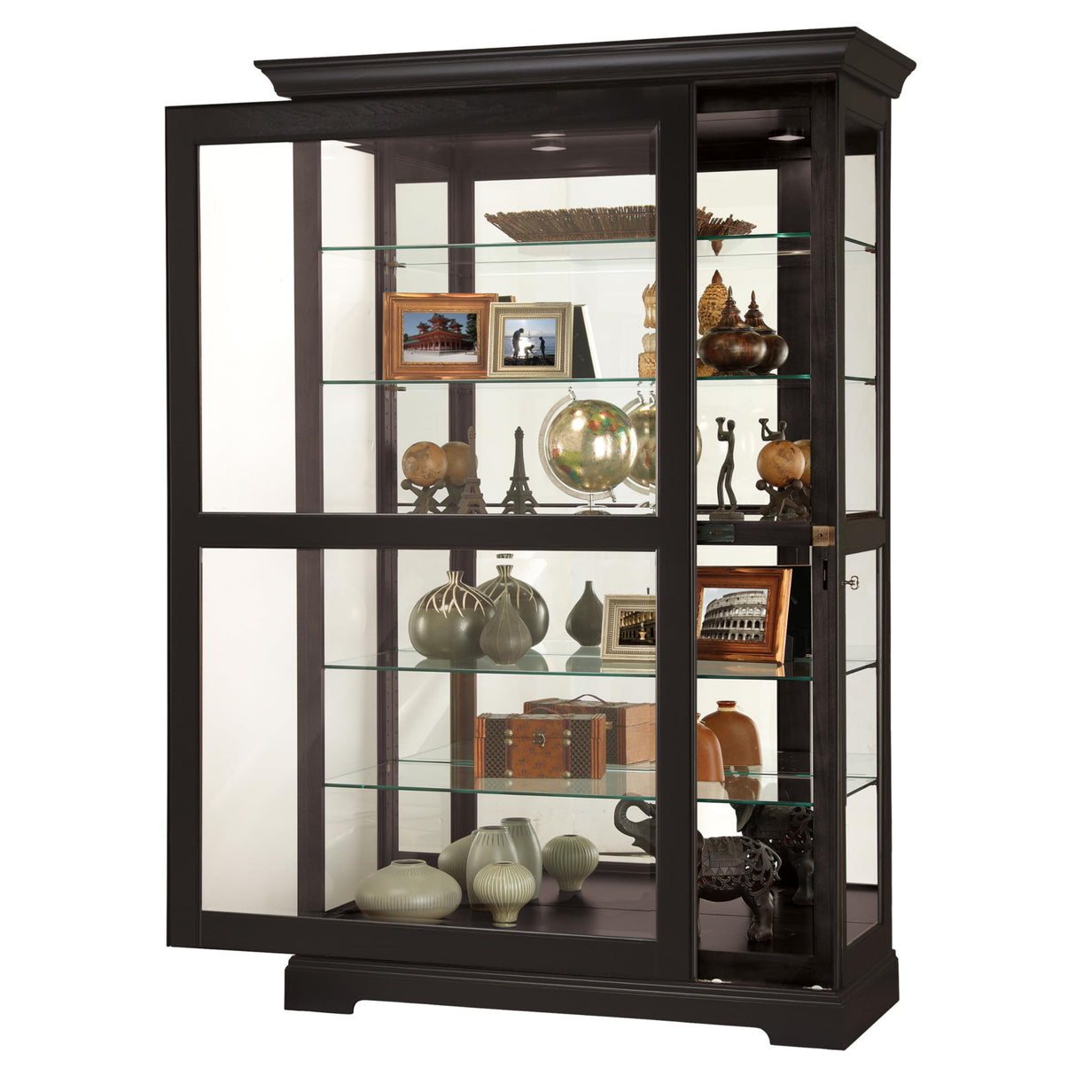 Howard Miller Kane II Curio Cabinet - Showcase Black Finish Adjustable Shelves & Levelers Illuminated Interior Lightning, Lockable Door Perfect for Living Room Office and Room Decor Howard Miller