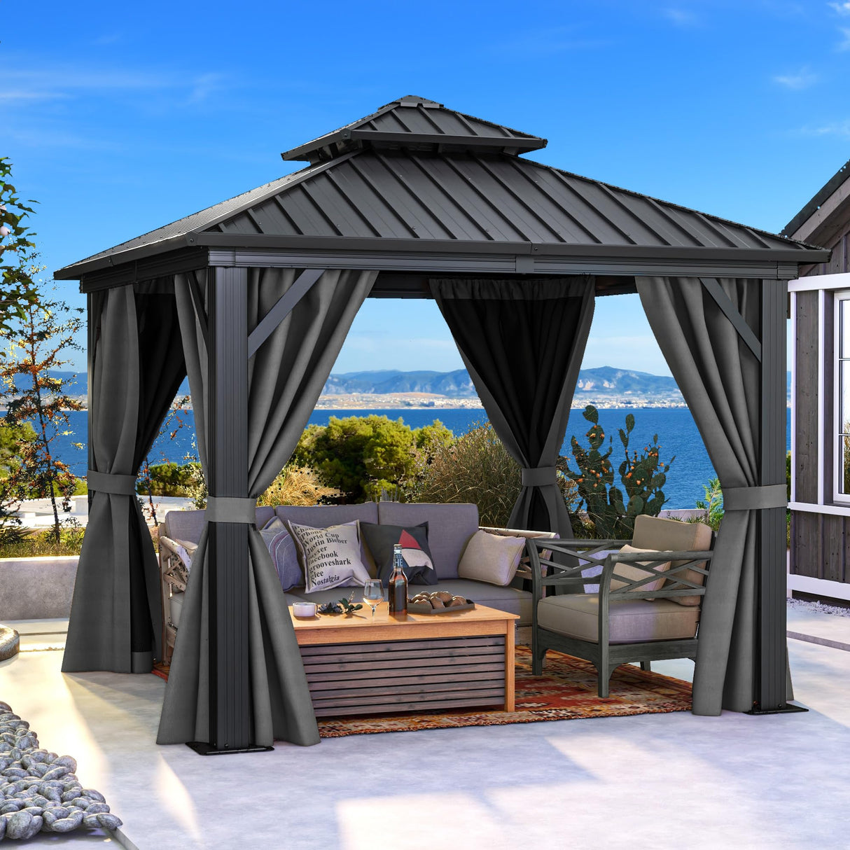 DWVO 10x10ft Hardtop Gazebo Double Roof with Nettings and Curtains, Heavy Duty Galvanized Steel Outdoor Vertical Stripes Roof for Patio, Backyard, Deck, Lawns, Grey DWVO