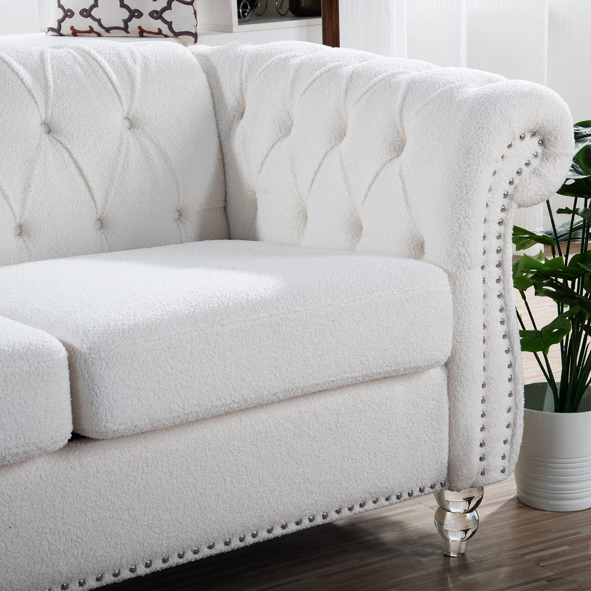 PHOYAL 3 Seater Sofa, Teddy Velvet Chesterfield Sofa Modern Tufted Couch 3 Seater Large Sofa with Scroll Arms and Nailhead for Living Room, White PHOYAL