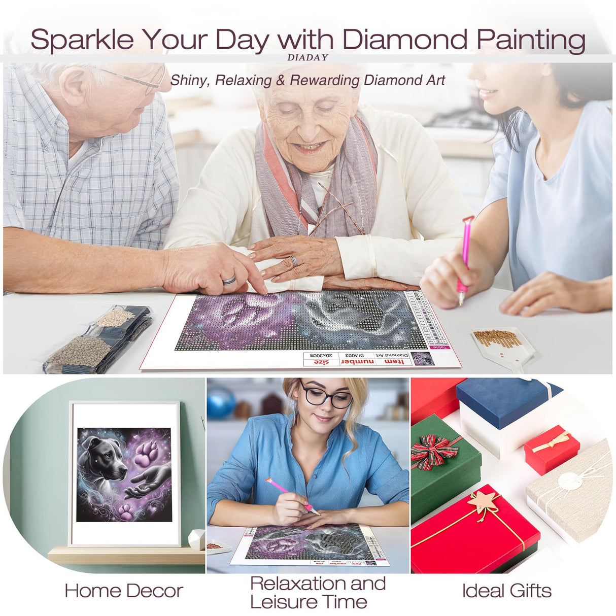 DIADAY Dog Diamond Painting Kits for Adults, 5D Full Drill Diamond Art Kits with Round Gem for Beginners, DIY Art Crafts Home Wall Decor Gift 12 x 12 Inches DIADAY