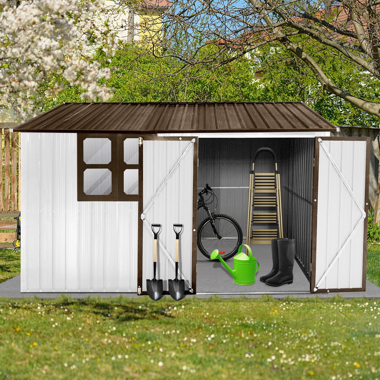 Ball & Cast 10x8 FT Sheds & Outdoor Storage,Metal Garden Shed with Window,Waterproof Cabinet Foldable House W/Lockable Doors and Roofs,for Storing Bicycles,Lawnmowers,Barbeques,White+Coffee Ball & Cast