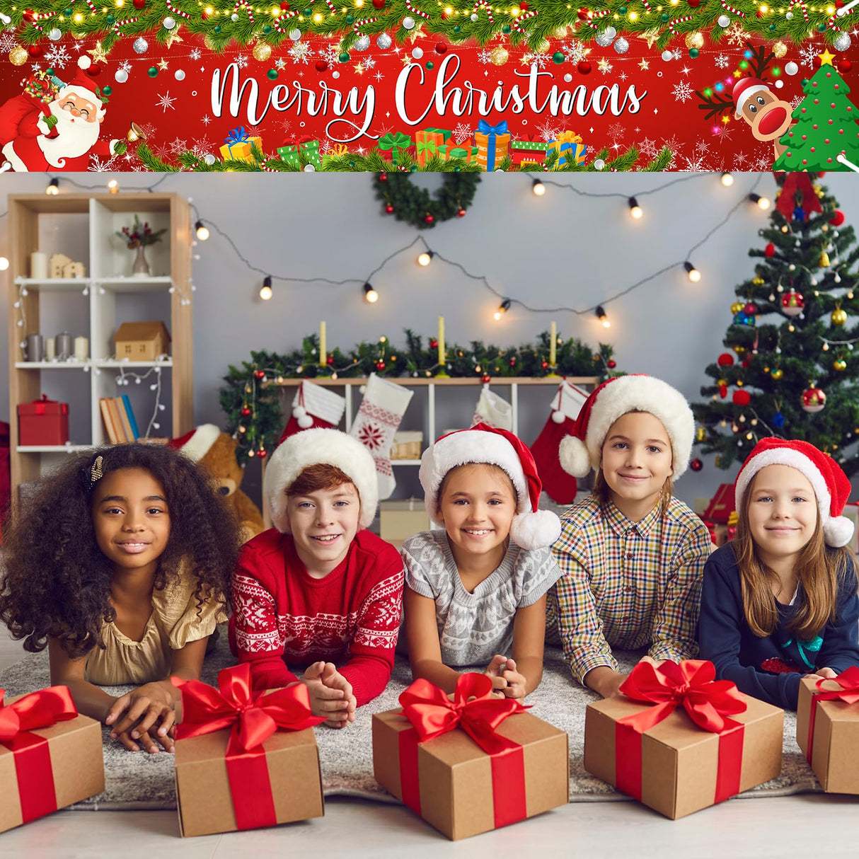 Lecheme Merry Christmas Banner 8x1.6 ft Yard Fence Backdrop Outdoor Red Santa Christmas Party Decorations Lecheme