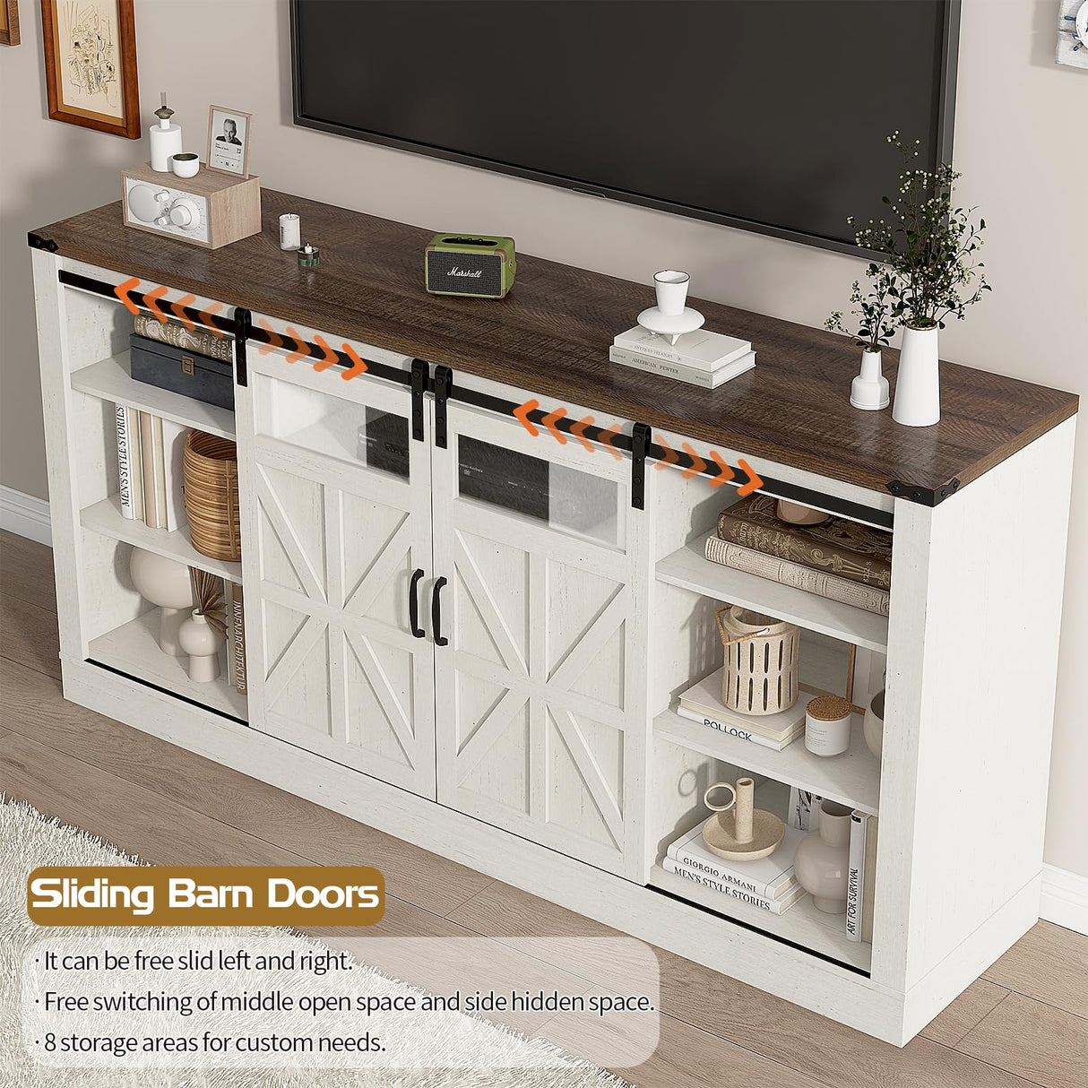 Hlivelood 66" Farmhouse TV Stand with Power Outlets for 75 65 Inch TVs, Entertainment Center with Sliding Barn Door & Large Storage Cabinets w/Adjustable Shelf, 33" Tall TV Media Console, Rustic White Hlivelood