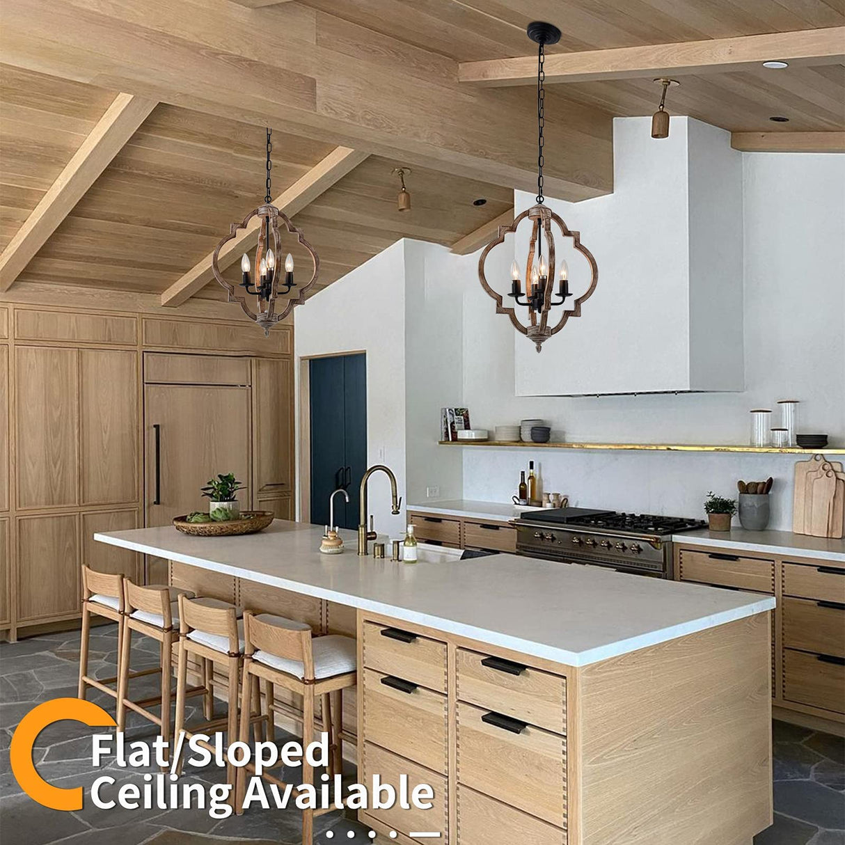 16.14" 4-Light Farmhouse Wood Chandelier, Rustic Orb Pendant Lighting Fixture with Adjustable Chain, Vintage Ceiling Hanging Lights for Foyer Entryway Dining Room Kitchen Island, Handmade Oak Finish Neechicx