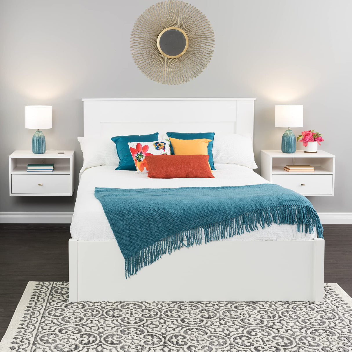 Prepac Set of 2 Floating Shelf Side Tables with Drawers and Brushed Brass Knobs, Modern Hanging Nightstands 15" D x 22.5" W x 14.5" H, White, WRBW-1402-2M Prepac