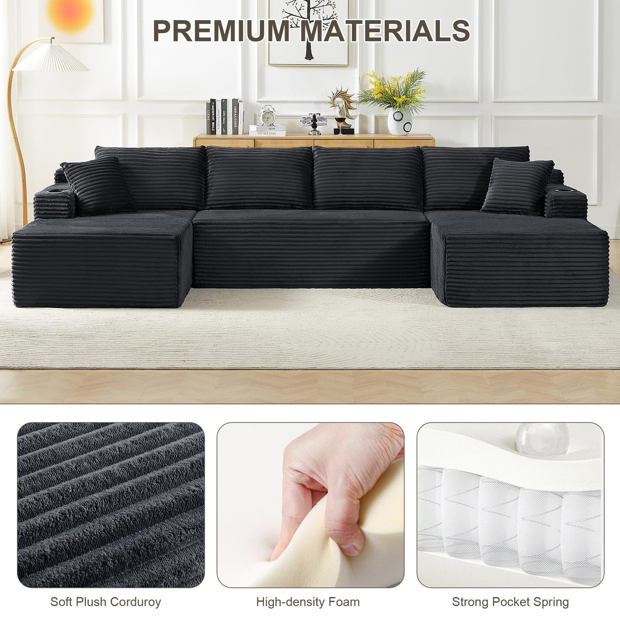 Tmsan 133.5" Oversized U Shaped Cloud Couch, Large Boneless Deep Seat Modular Sectional Sofa with Cup Holders & Side Pockets, Modern Corduroy Foam Compressed Sofa Set for Living Room Apartment Tmsan