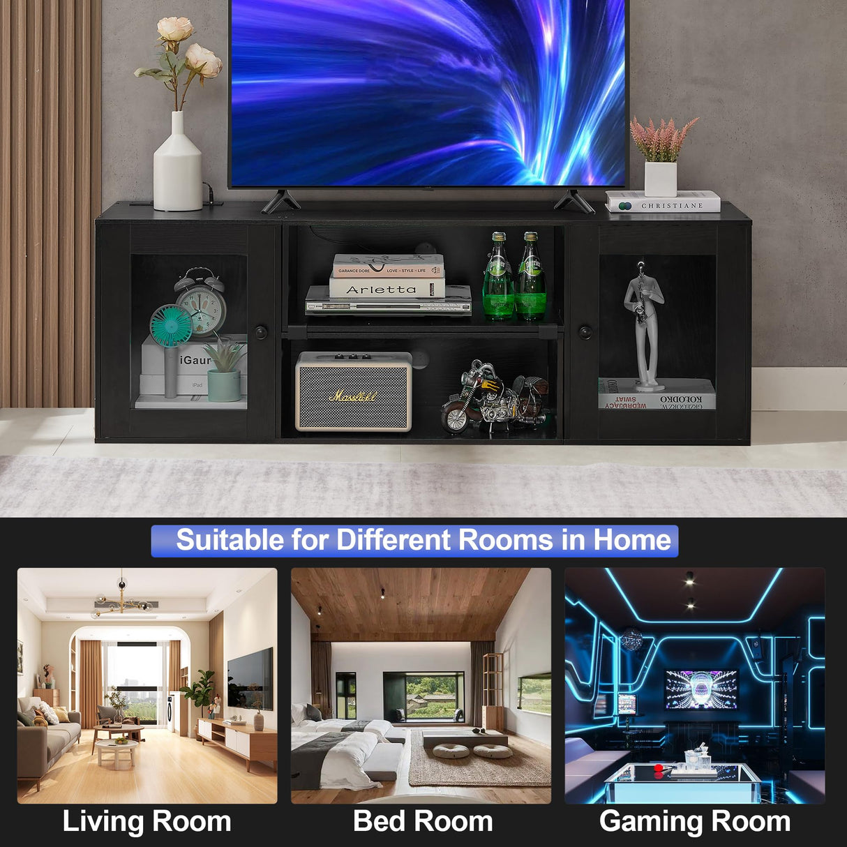 VECELO Deformable LED TV Stand with Power Outlets for 55/60/65/70 Inch Televisions, Gaming Entertainment Center with Cabinet for Living Room Bedroom, 4 AC Outlets & 2 USB-A Ports, Black VECELO