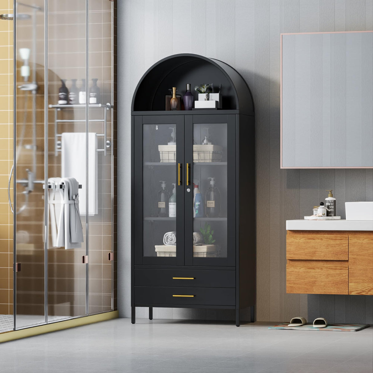 GangMei 73'' Metal Tall Arched Display Cabinet with Glass Doors, Freestanding Black Arch Bookcase with 2 Drawers, Kitchen Pantry Cabinet for Home Office Living Room GangMei