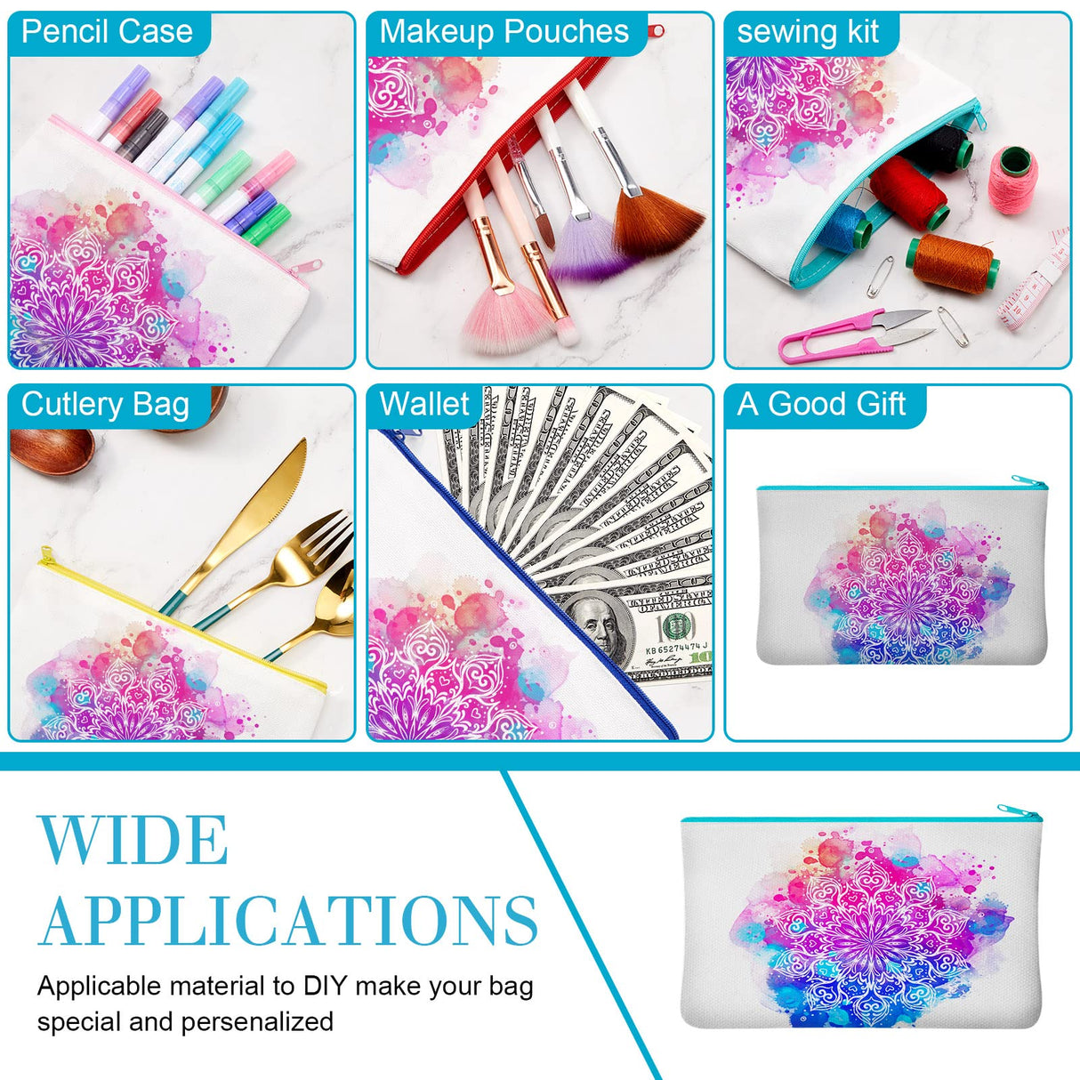 50 Pieces Sublimation Blank Canvas Makeup Bags Bulk, Blank DIY Heat Transfer Cosmetic Bags, Pen Case, Pencil Bags, Clear Sublimation Blank Pouch with Zipper (Mixed Colors, 7 x 4.3 Inch) Frienda