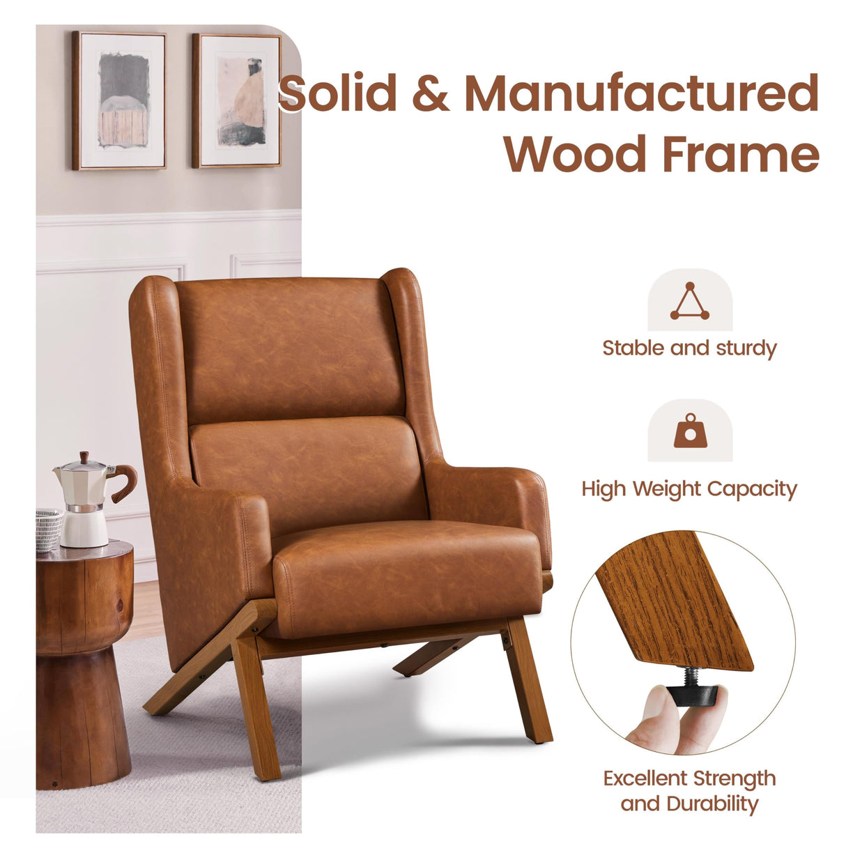 Yaheetech Brown Accent Chair, PU Leather Armchair High Wide Backrest, Oversized Recliner Chair Thick Seat Cushion for Office Reception Room Reading Nook, Brown Yaheetech