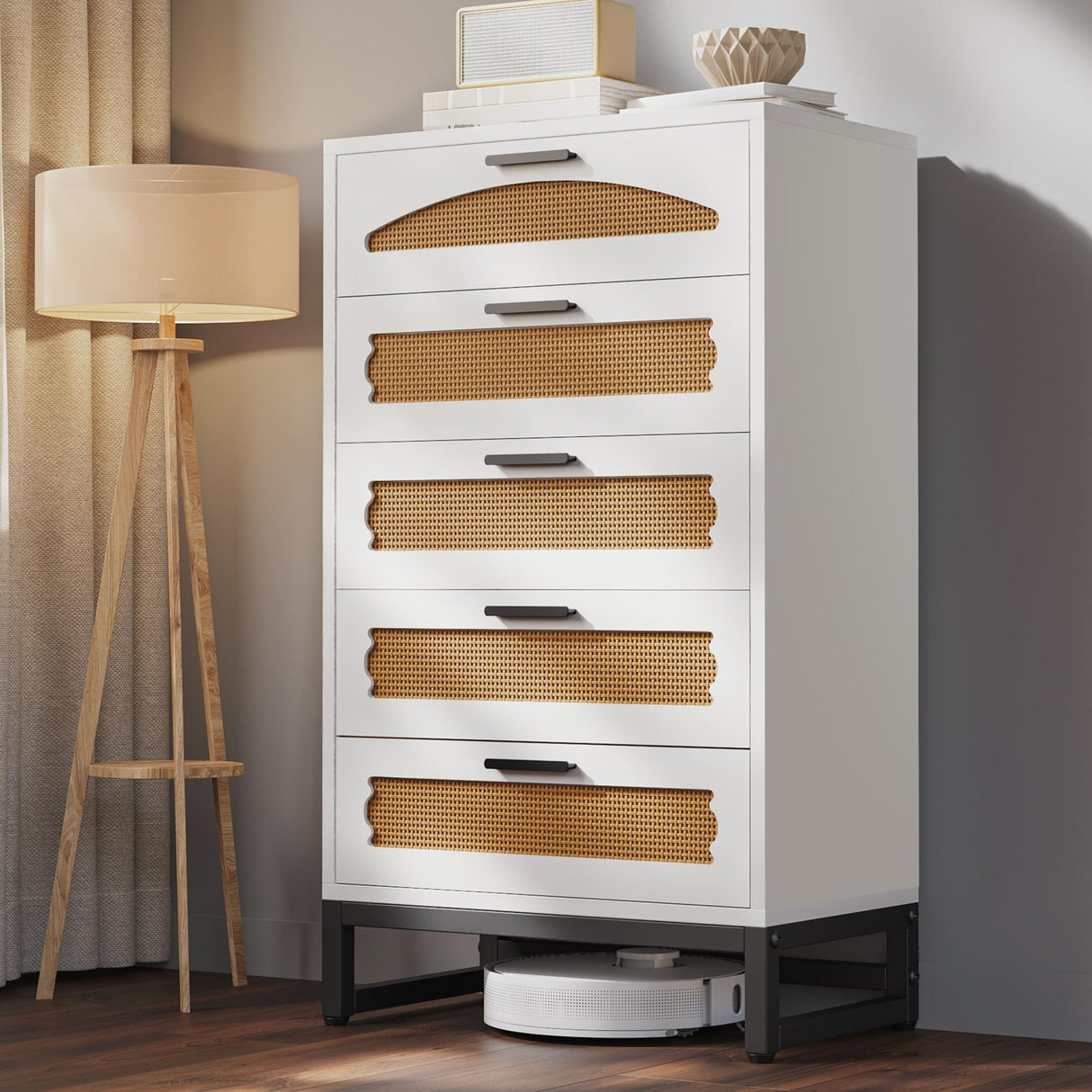Mericonia 5 Drawer Rattan Dresser for Bedroom, Wood Tall Dresser for Closet with Metal Handles, Boho Nightstand Sets, Dressers & Chests of Drawers for Bedroom, Hallway and Entryway, White Mericonia