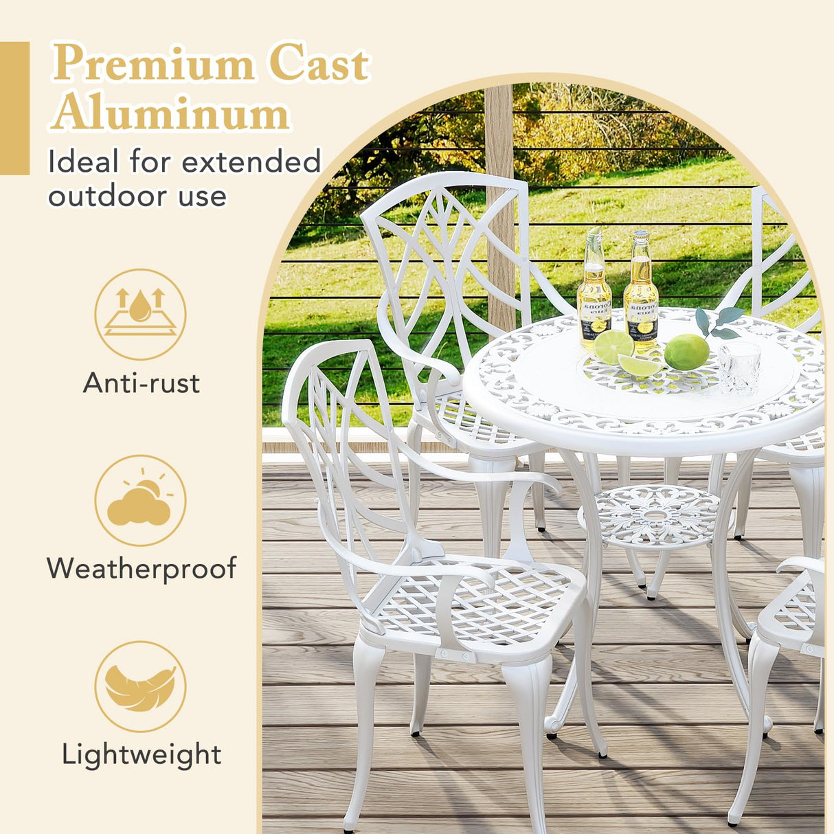 Tangkula 5 Pieces Cast Aluminum Outdoor Dining Set, Round Dining Table with 2” Umbrella Hole & 4 Armchairs, All-Weather Outdoor Furniture Set for Patio, Balcony, Garden & Backyard, White Tangkula