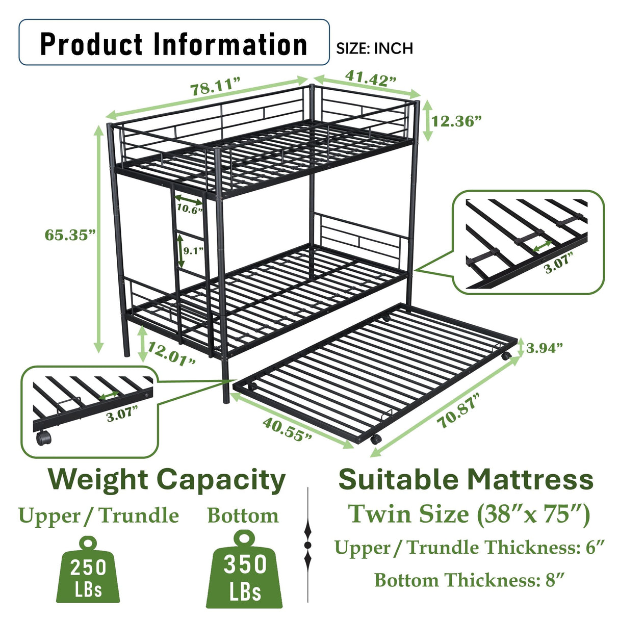 DNYN Twin Triple Bunk Bed with Built-in Ladder,Twin-Over-Twin-Over-Twin Size Metal Bunkbeds w/Safety Guardrails for Kids/Teen/Adults Bedroom,Home Furniture for Dorm,Guest Room, Black DNYN