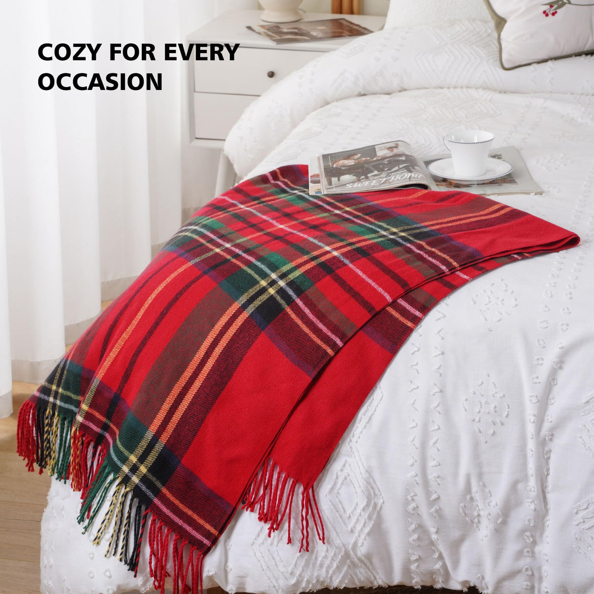 BATTILO HOME Christmas Red Plaid Throw Blanket for Couch, Bed, Super Soft Red Plaid Blankets,Soft Christmas Decorative Throw with Tassels 50"x60" BATTILO HOME
