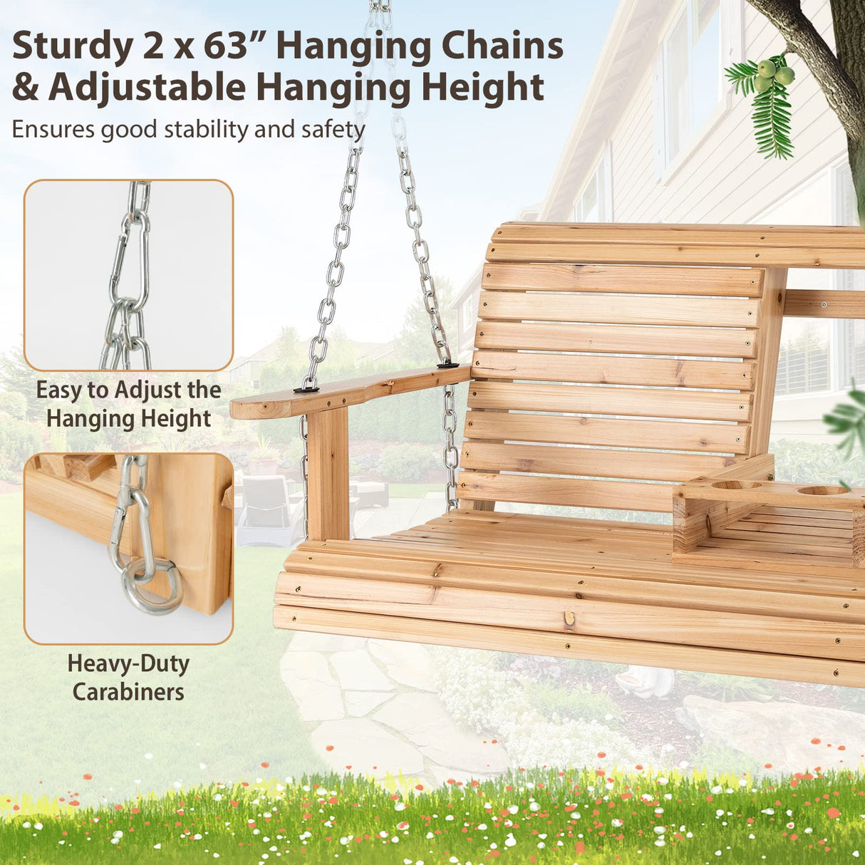 Tangkula 2 Person Hanging Porch Swing, Outdoor Bench Swing with Adjustable Chains, Foldable Cup Holders, High Back, Cozy Armrests, Wooden Hanging Swing Chair for Backyard Deck Garden Natural Tangkula
