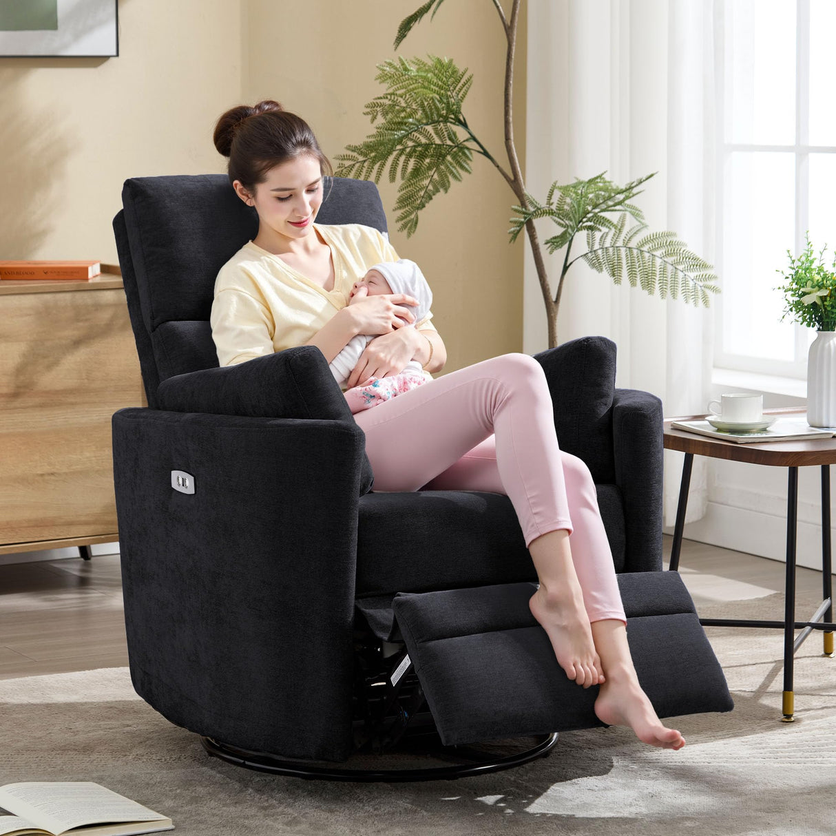 Recliner Swivel Glider Electric Rocking Chair with USB Port,Multifunction Upholstered Power Recliner Rocking Chair for Living Room Bedroom Nursery Adult with 2 Pillows(Black, Power-Driven) choairy