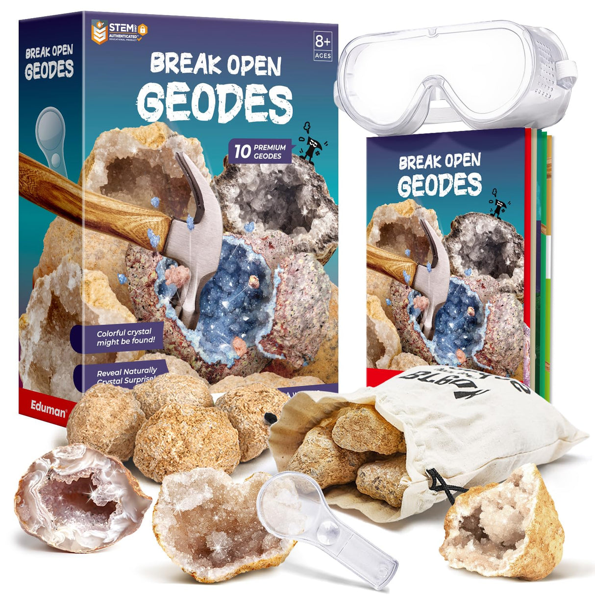 EDUMAN Geodes with Crystals Break Open 10 Premium Geode Kit - Geology Geodes Crystal Science Kit - STEM Educational Toys Birthday Gifts for Boys and Girls (Potential for Coloured Geodes Crystals) EDUMAN
