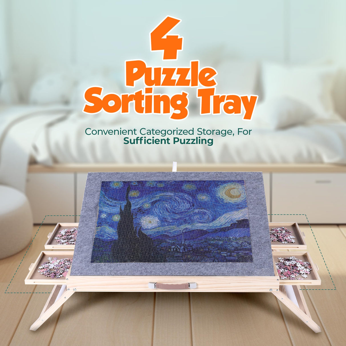 1500 Piece Jigsaw Puzzle Board - Wooden Puzzle Table with Cover - 3-Tilting-Angle Adjustable and 4 Drawers - 34” X 25” Jigsaw Puzzle Board Portable and Felted Anti-Skid Surface FNTSTICGOODS