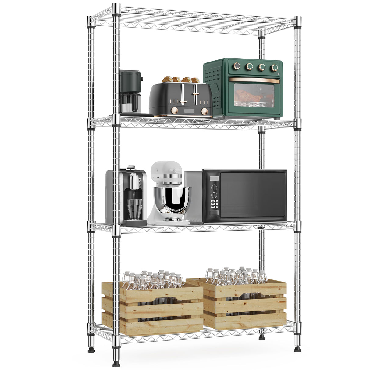 M MZG 1000 lbs 4Tier Shelf Metal Storage Shelves Wire Rack Closet Organizers with Wheel for Garage Kitchen Bathroom Laundry Chrome 13.7" D x 23.6" W x 53.4" H M MZG
