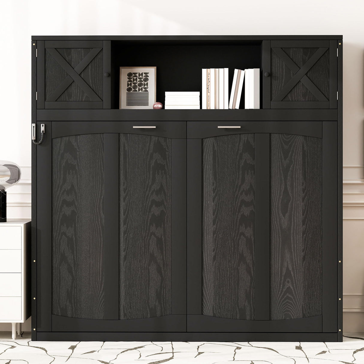 Merax Full Size Murphy Bed with Storage Cabinets, Rustic Solid Wood Wall Bed with 3 Cabinet Shelves, Space Saving Foldable Bed for Studio Apartment, Guest Room, Home Office, Black Merax