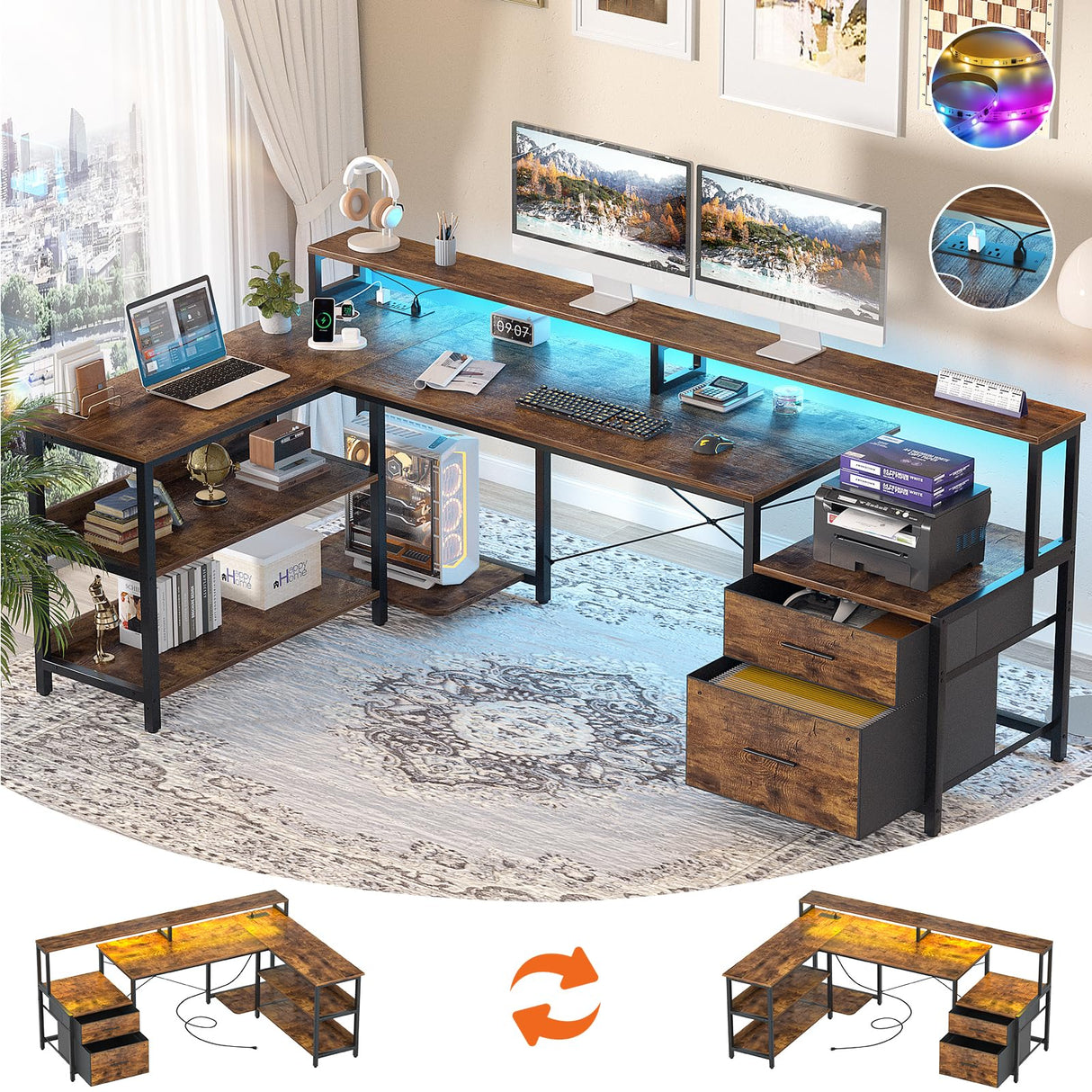 Aheaplus L Shaped Desk with File Drawer, 66" Reversible L Shaped Computer Desk with Power Outlet & LED Strip, Gaming Desk with Monitor Stand, Office Desk Corner Desk with Storage Shelf, Rustic Brown Aheaplus