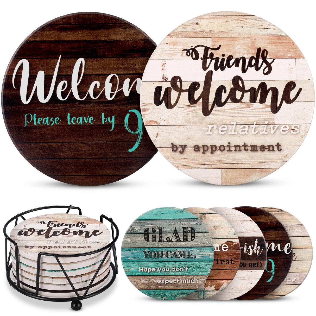 Funny Coasters - House Warming Gifts New Home - Housewarming Gifts for Women, Men, Couple, New Homeowner - Farmhouse Bar Coasters for Drinks with Holder - First Apartment Essentials Ultimate Hostess