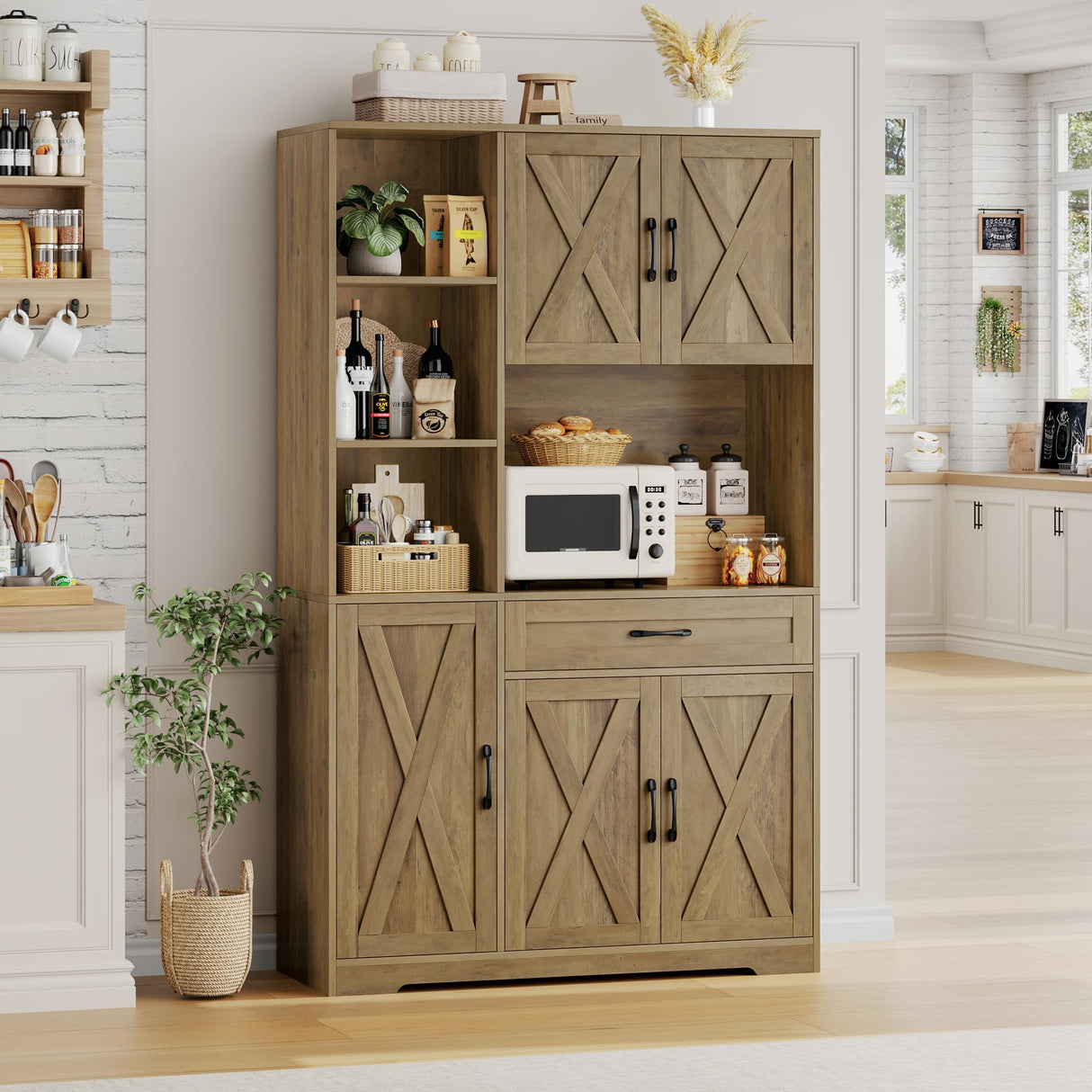HOSTACK 71" Tall Kitchen Pantry Storage Cabinet, Farmhouse Food Pantry Cabinet with Microwave Stand, Barn Doors Kitchen Hutch Cabinet with Large Drawer and Shelves for Dining Room HOSTACK