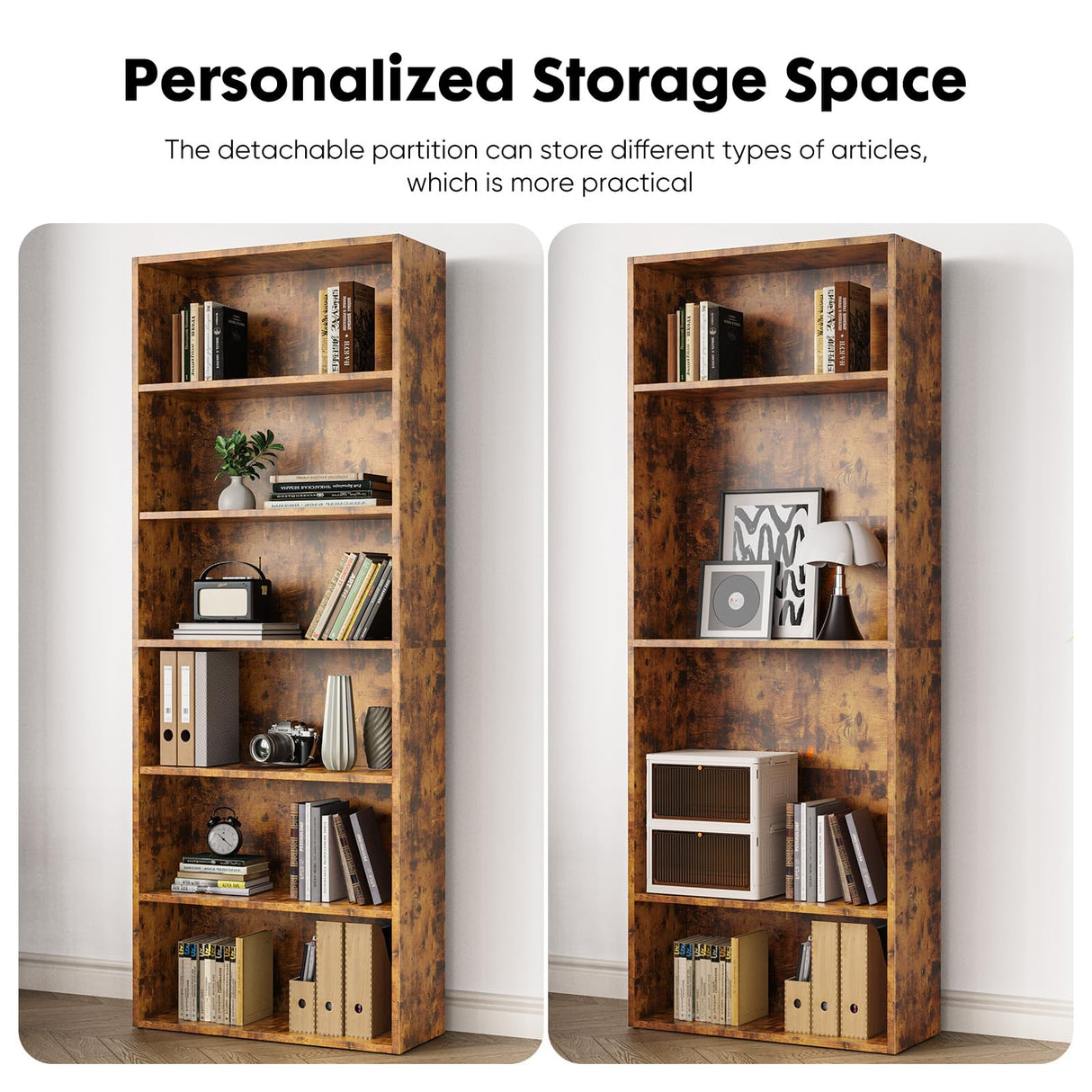Sweetcrispy Industrial 6 Shelf Bookcase - Large 63 Inch Tall Floor Standing Open Bookshelf with Anti-Tipping Device for Home Office, Living Room, and Bedroom Storage, Rustic Brown Sweetcrispy